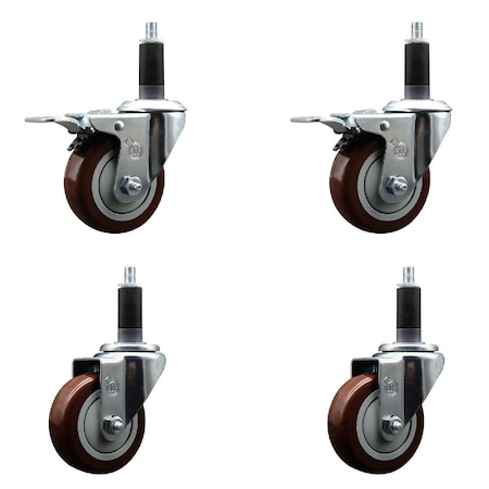 Service Caster 3.5'' SS Maroon Poly Swivel 1-1/8'' Expanding Stem Caster Set 2 Total Lock Brakes, 4PK SCC-SSEXTTL20S3514-PPUB-MRN-2S2118